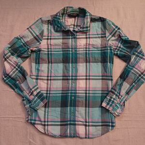 The North Face Teal and Pink Plaid Flannel Shirt Women's Size Small